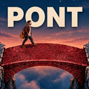 Un musicien avec une guitare traverse un pont sous le mot PONT illustration du pont dune chanson